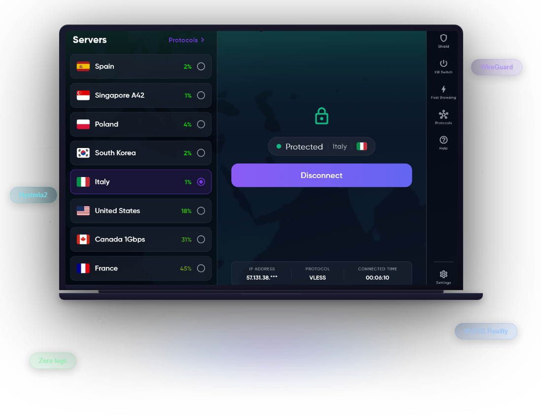 CapVPN desktop app showing server list, protocols and one-tap connect