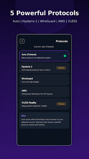 CapVPN protocol selection screen