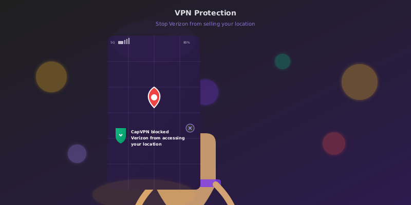Smartphone screen showing map with location pin and CapVPN notification blocking Verizon from accessing location.