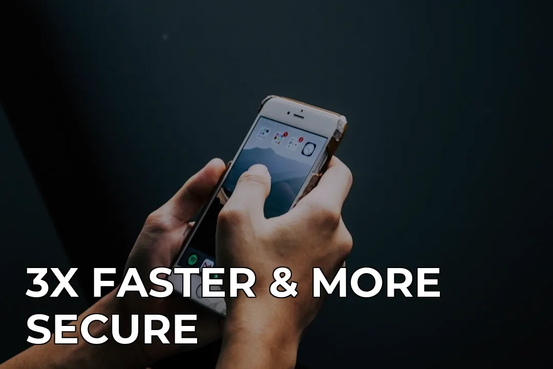 silver iPhone 6 displaying home screen — 3X FASTER & MORE SECURE